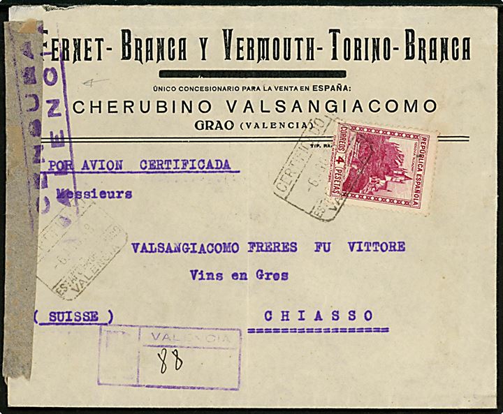 4 pts. single på anbefalet luftpostbrev fra Grao (Valencia) d. 6.8.1938 til Chiasso, Schweiz. Åbnet af lokal spansk censur i Valencia. 