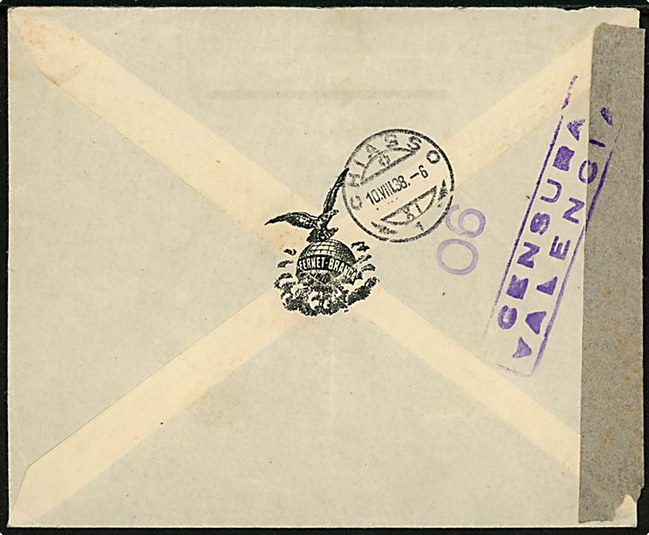 4 pts. single på anbefalet luftpostbrev fra Grao (Valencia) d. 6.8.1938 til Chiasso, Schweiz. Åbnet af lokal spansk censur i Valencia. 