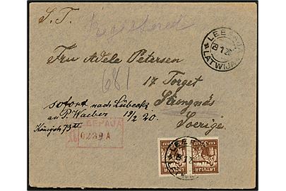 35 kap. Rigas befrielse utakket i parstykke på anbefalet brev fra Leepaja d. 29.1.1920 til Strangnäs, Sverige - eftersendt til Lübeck, Tyskland.