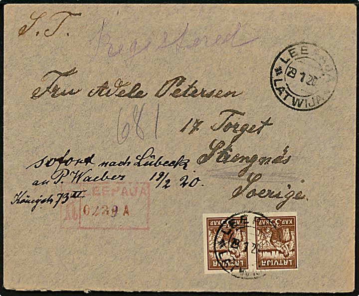 35 kap. Rigas befrielse utakket i parstykke på anbefalet brev fra Leepaja d. 29.1.1920 til Strangnäs, Sverige - eftersendt til Lübeck, Tyskland.