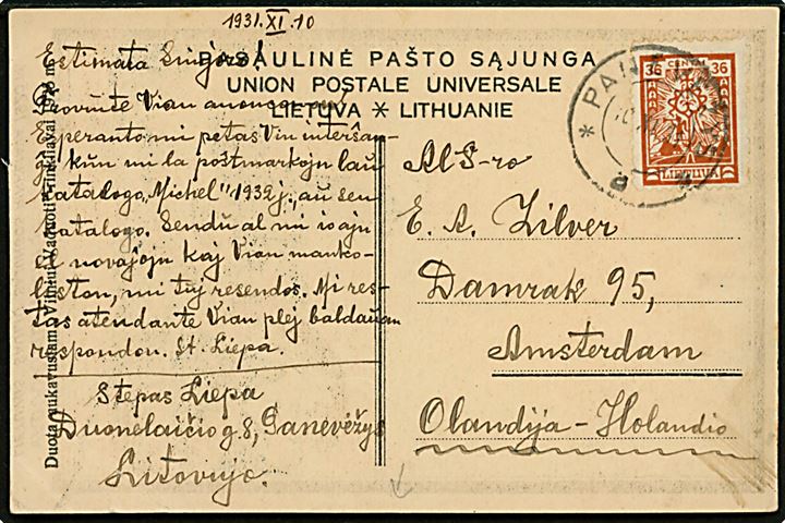 36 c. single på særligt propaganda postkort Vaduokime Vilniu! (= Lad os lede Vilnius!) stemplet Panevezys s. 10.11.1931 til Amsterdam, Holland.