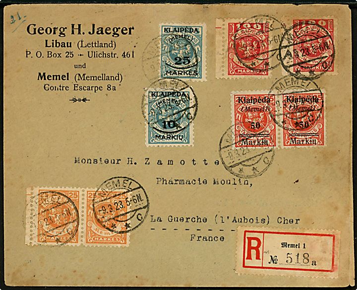 25 mk. (par), 100 mk. (2), 10 mk. / 5 c., 25 mk. / 5 c. og 50 mk. / 25 c. (par) Provisorium på anbefalet brev fra Memel d. 9.3.1923 via Frankfurt til La Guerche, Frankrig.