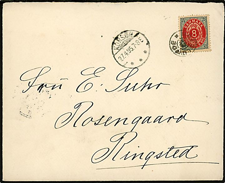 8 øre Tofarvet på brev annulleret med stjernestempel BOESLUNDE og sidestemplet Korsør d. 27.4.1895 til Ringsted.