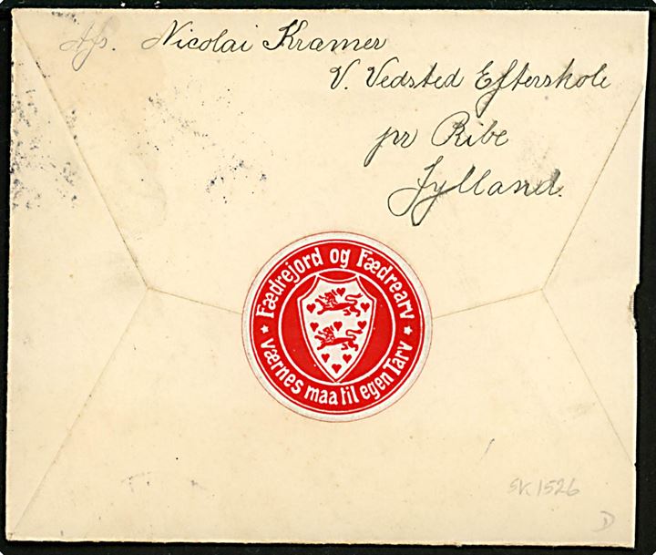 10 øre Bølgelinie i parstykke på brev annulleret med stjernestempel VESTER VEDSTED og sidestemplet Ribe d. 17.3.1913 til Adserballeskov pr. Fynshav på Als. På bagsiden etiket: Fædrejord og Fædrearv.