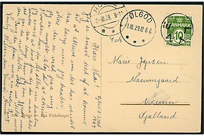10 øre Bølgelinie på brevkort annulleret med udslebet stjernestempel LYNE og sidestemplet Ølgod d. 1.10.1929 til Nærum.