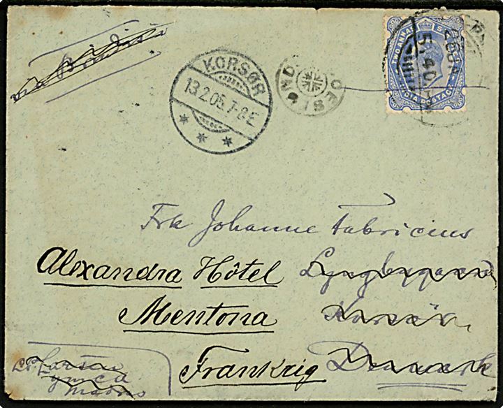 Indisk 2 annas 6 pies på brev fra Madras annulleret med svagt stempel d. 26.1.1905 til Korsør, Danmark - eftersendt til Mentona, Frankrig med stjernestempel BOESLUNDE og sidestemplet Korsør d. 13.2.1905.