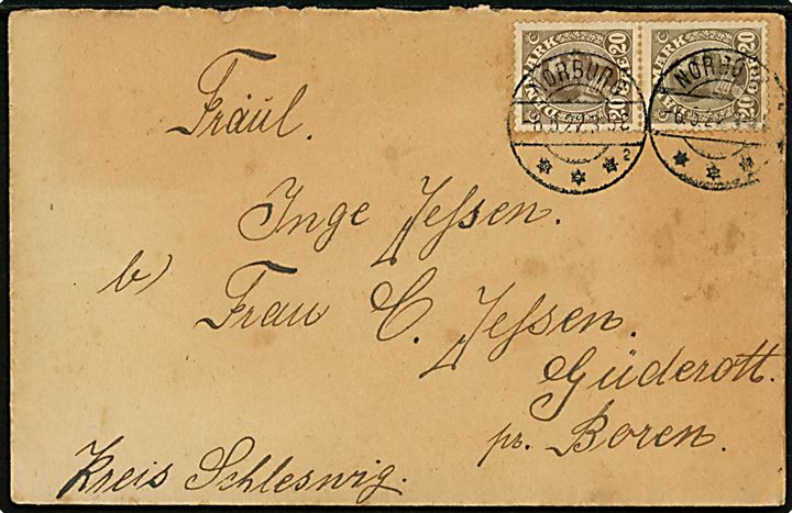 20 øre Chr. X i parstykke på brev annulleret brotype IIb Nørborg sn2 d. 6.5.1922 til Güderott pr. Boren, Schleswig, Tyskland. 