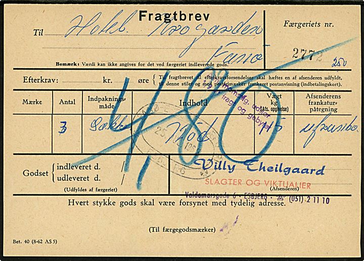 Ufrankeret fragtbrev for 3 sække kød (115 kg.) fra Esbjerg d. 25.7.1969 til Hotel Krogaarden, Fanø. Påskrevet 4,80 kr. porto, samt stemplet Alm. momsafg, udgør 1/9 af fragt og gebyrer.