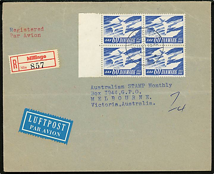 60 øre SAS Jubilæum i fireblok på anbefalet luftpostbrev fra Millinge d. 30.12.1961 til Melbourne, Australien. Vandret fold.