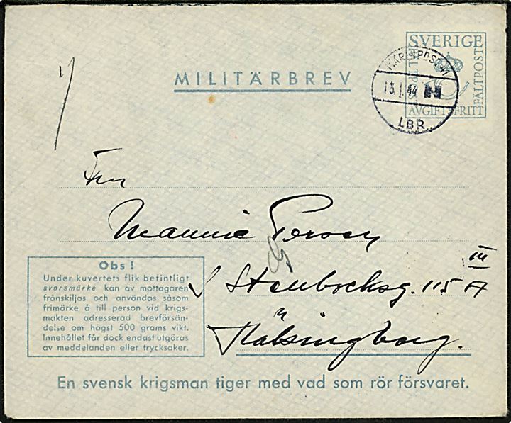 Militärbrev stemplet Marinpost 41 d. 13.1.1944 fra sømand ved Marinepost 2936 (= Jageren HMS Magne) til Helsingborg.