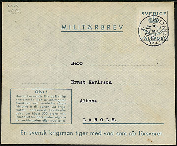 Militärbrev fra soldat ved Fältpost 21331 annulleret Postanstalten 1170 V (= Vassbotten) d. 16.3.1945 til Laholm. Vedhængende ubenyttet svarmærke. Fold.
