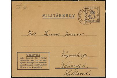 Militärbrev stemplet Postanstalten 1738 U (= Risudden, Norbotten) d. 11.3.1941 til Veinge. Vedhæftet ubenyttet svarmærke.