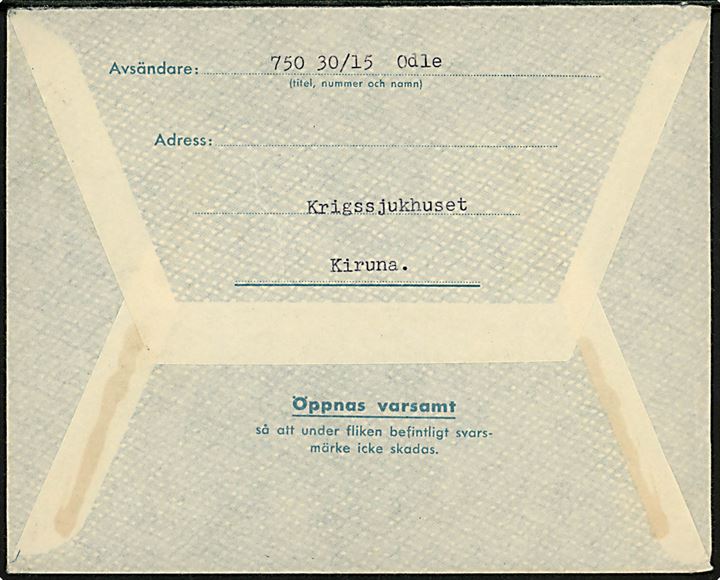 Militärbrev fra Krigssjukhuset i Kiruna stemplet Postanstalten 1713* (= Kiruna) d. 14.8.1942 til Norrköping. Vedhængende ubenyttet svarmærke.