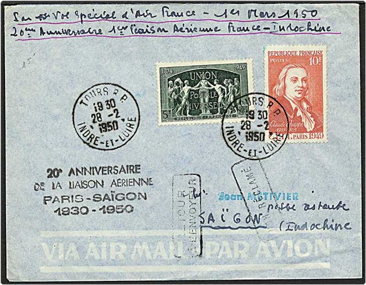 15 frank på luftpostbrev fra Tours, Frankrig, d. 28.2.1950 til Saigon, Vietnam.