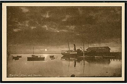 Marstal, havn i månelys med færgen S/S A.L.B.. Stenders no. 20147.