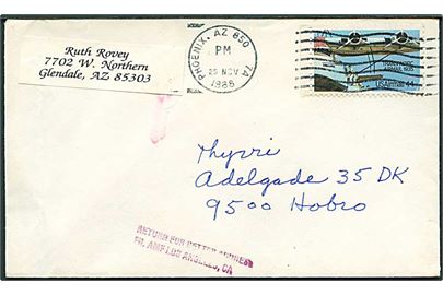 44 cents Luftpost på brev fra Phoenix d. 25.11.1988 til Hobro, Danmark. Stemplet: Returned for better address / FR. AMF Los Angeles, CA.