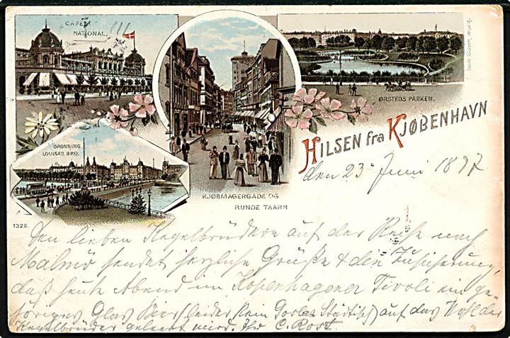 Købh., Hilsen fra Kjøbenhavn med Café National, Dronning Louises Bro, Købmagergade og Ørstedsparken. L. Glaser no. 1329.