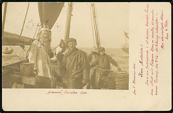Grønsund i Nordsøen 1904. Fotokort med Kong Neptun og besætning. 