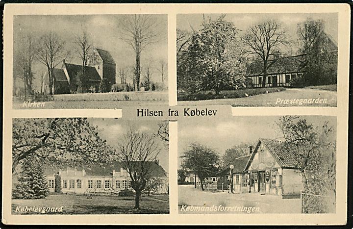 Købelev, Hilsen fra med kirke, købmand, præstegård og Købelevgaard. H. Schmidt u/no.