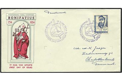 10 cent blå Bonifatius på tryksag fra S-Gravenhage d. 16.6.1954 til Charlottenlund.