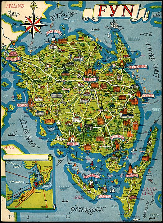 Gustav Hjortlund: Fynsplakat med landkort og seværdigheder. Udgivet af Samvirkende Turistforeninger i Fyens Stift. Brugt fra Ærøskøbing 1959. 18½x25½ cm.