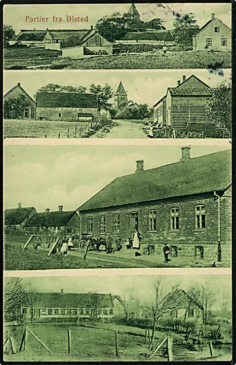 Ølsted, partier fra. J.J.N. no. 4181. Frankeret med 5 øre Bølgelinie annulleret med stjernestempel VIRRING og sidestemplet Skanderborg d. 8.5.1913.