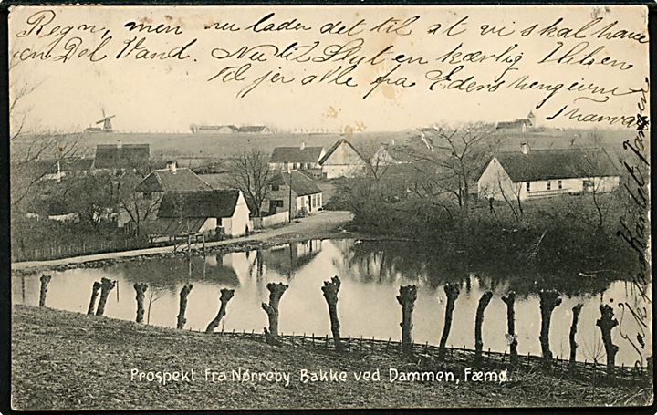 Femø, Nørreby Bakke ved Dammen. Christensen no. 21497. Frankeret med 5 øre Fr. VIII annulleret med stjernestempel FEMØ og sidestemplet Maribo d. 4.8.1911 til Roskilde.