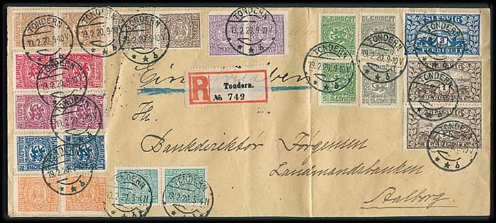 Div. Fælles udg. værdier på anbefalet brev fra Tondern d. 19.2.1920 til Aalborg. Fold.