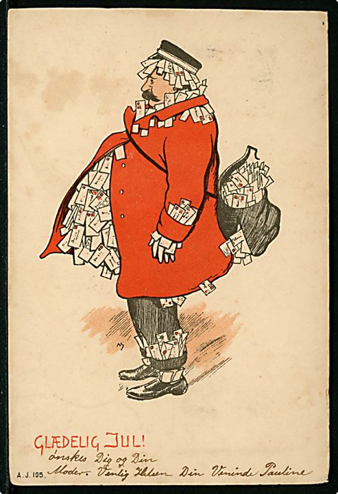 Alfred Schmidt: Postbud med julepost. A. J. no. 105. Særligt Julemærke postkort med Julemærke 1904.
