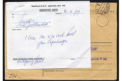 Samlekuvert F27 (11-70 C5) for omekspederede breve til udlandet fra København d. 5.2.1979 til M/S Jutlandia, Singapore. Vedhæftet Despatch Note fra Singapore d. 8.2.1979.