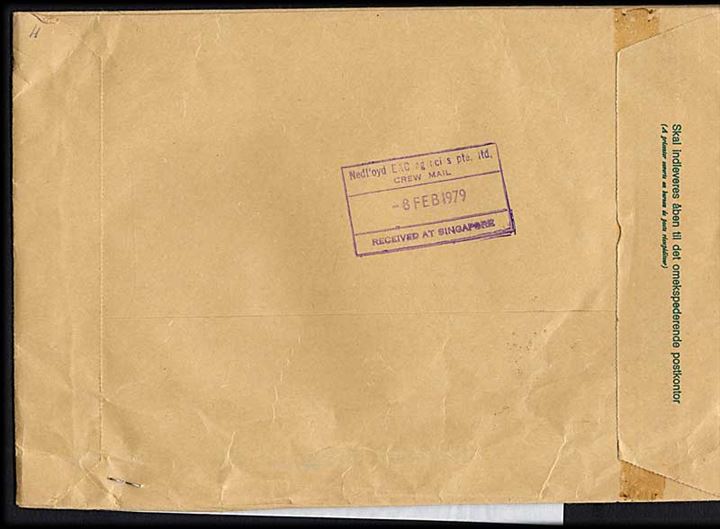 Samlekuvert F27 (11-70 C5) for omekspederede breve til udlandet fra København d. 5.2.1979 til M/S Jutlandia, Singapore. Vedhæftet Despatch Note fra Singapore d. 8.2.1979.