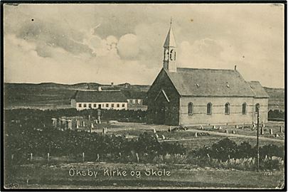 Oksby. Kirke og skole. P. Petersen no. 1121.