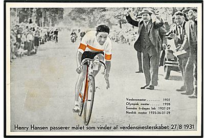 Henry Hansen passerer målet som vinder af verdensmesterskabet 27 / 8 1931. Olympic Cykler & Motor. Reklamekort. U/no.