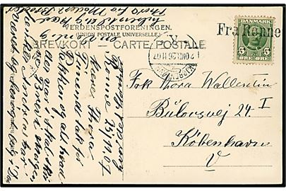 5 øre Fr. VIII på brevkort dateret Rønne d. 25.11.1907 annulleret med skibsstempel Fra Rønne og sidestemplet Kjøbenhavn d. 26.11.1907 til København.