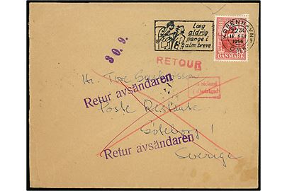 30 øre 1000 års udg. på brev fra København d. 11.9.1956 til poste restante i Göteborg, Sverige. Retur som ikke afhentet med forskellige stempler.