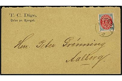 8 øre Tofarvet omv. rm. på brev fra Øsløs pr. Bjerget annulleret med lapidar Bjerget d. 12.6.1894 til Aalborg.