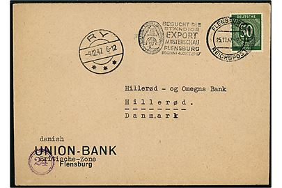 50 pfg. Ciffer på brev fra Flensburg d. 25.11.1947 til Hillerød, Danmark. Uvist af hvilke årsag transit stemplet brotype IIc Ry d. 4.12.1947.