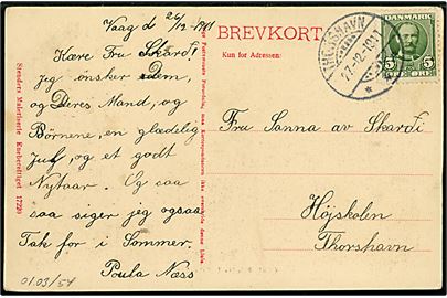 5 øre Fr. VIII på brevkort dateret Vaag d. 26.12.1911 annulleret med brotype Ig Thorshavn d. 27.12.1911 til Thorshavn,