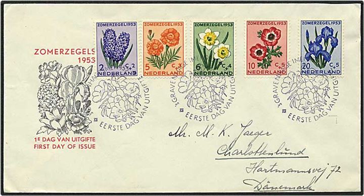 FDC. med blomstermærker fra S-Gravenhage, Holland, d. 1.5.1953 til Charlottenlund. 
