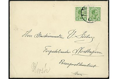 5 øre Chr. X i parstykke på brev fra Kjøbenhavn C. d. 12.4.1915 til maskinmester ombord på torpedobåden Nordkaperen via brevpostkontoret, København K. - eftersendt til skibets station i Korsør.