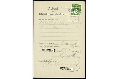 10 øre Bølgelinie annulleret med violet liniestempel Gebyr på Attest for Indkøb af Frigørelsesmidler m.v. - F.Form 43 - fra Herning d. 1.11.1922.