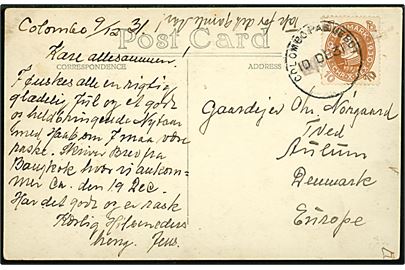 10 øre Chr. X 60 år på brevkort (Optog i Bangkok, Siam) dateret Colombo på Ceylon og annulleret med skibsstempel Colombo Paquebot d. 10.12.1931 til Tved pr. Aulum, Danmark.