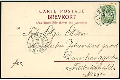 5 øre Våben på brevkort annulleret med lapidar Lyngby d. 14.5.1904 til Frederikshald, Norge.