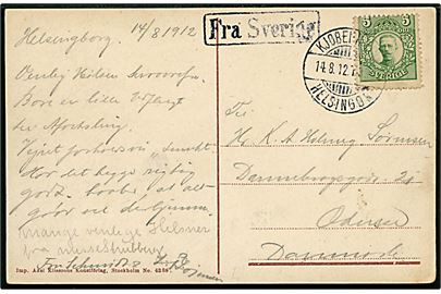 5 öre Gustaf på brevkort fra Helsingborg annulleret med dansk bureaustempel Kjøbenhavn - Helsingør T.339 d. 14.8.1912 og sidestemplet Fra Sverige til Odense.
