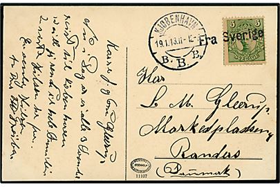 5 öre Gustaf på brevkort fra Landskrona annulleret med skibsstempel Fra Sverige og sidestemplet Kjøbenhavn B.B.B. d. 19.1.1913 til Randers.