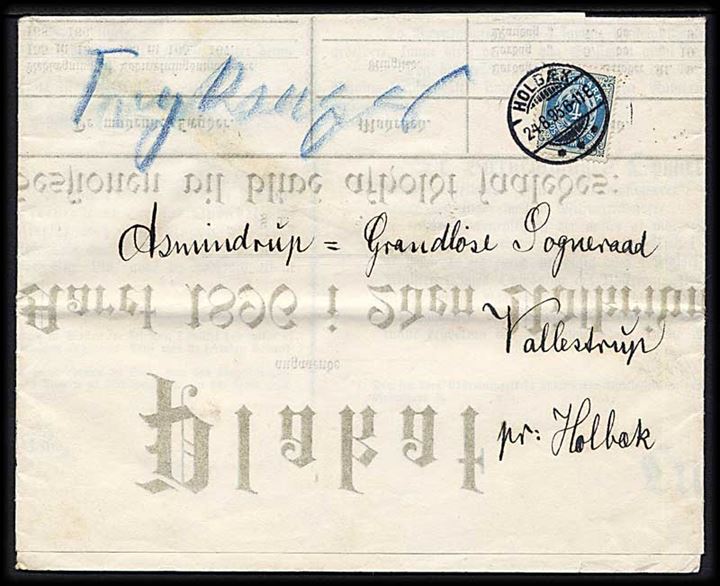 4 øre Tofarvet på tryksag fra Holbæk d. 24.8.1895 til Asminderup-Gandløse Sogneraad Vallestrup pr. Holbæk. Indeholder Plakat vedr. Session for året 1896 i 2. Udskrivningskreds.