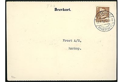 20 øre Fr. IX på brevkort fra Klarskov annulleret med bureaustempel København - Nykøbing Fl. T.? d. 10.9.1952 til Børkop.