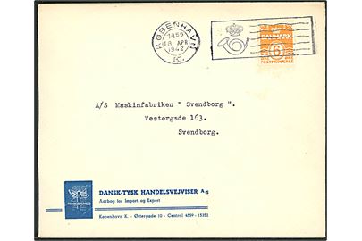 6 øre Bølgelinie fortrykt firmakuvert fra Dansk-Tysk Handelskalender A/S sendt som tryksag og annulleret med særligt tryksags-kontrol TMS fra København K. d. 18.4.1942 til Svendborg.