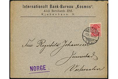 10 øre Våben på brev fra Internationalt Bank-Bureau Kosmos annulleret med brotype Ia Kjøbenhavn *V.* d. 7.9.1898 til Jennestad, Norge. 