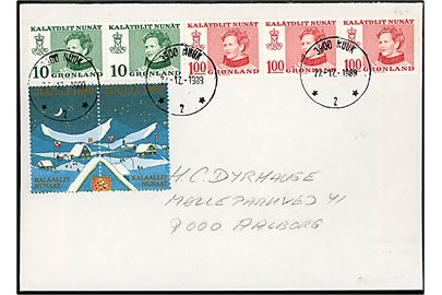10 øre (2) og 1 kr. (3) Margrethe i hæftesammentryk på brev med Julemærke 1989 fra Nuuk d. 22.12.1989 til Aalborg.